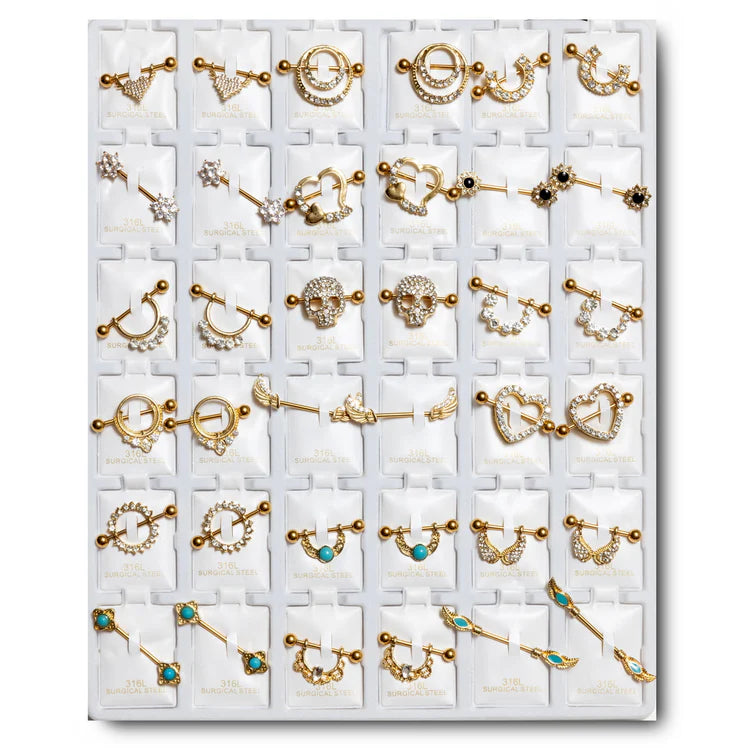 GNR36 GOLD PLATING NIPPLE RINGS CZ DESING 36PCS