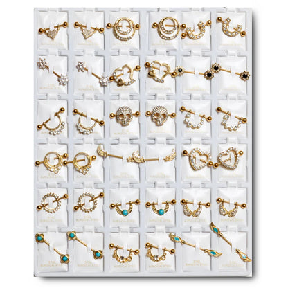 GNR36 GOLD PLATING NIPPLE RINGS CZ DESING 36PCS