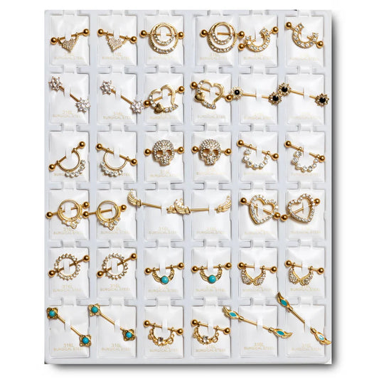 GNR36 GOLD PLATING NIPPLE RINGS CZ DESING 36PCS