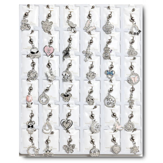 RDB36 RHODIUM DANGLE BELLY RINGS 36PCS