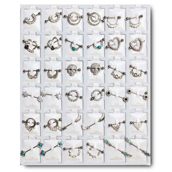 RNR36 RHODIUM NIPPLE RINGS CZ DESING 36PCS