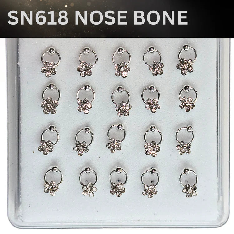 SN618 FLOWER STONES ON RING SILVER (NOSE BONE) 20pcs